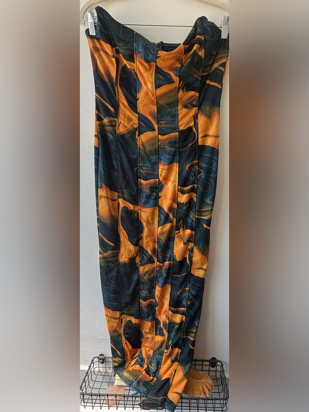 AKIRA Strapless Marble-Print Dress in Orange and Black
